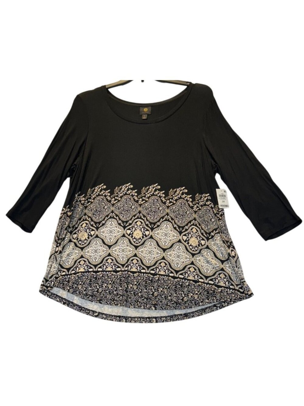 JM Collection Size 2X Black & Gold Floral Border Print 3/4 Sleeve Top
